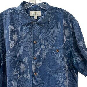 Island Shores Men's Hawaiian Shirt Size L Blue 100% Silk Short Sleeve Washable